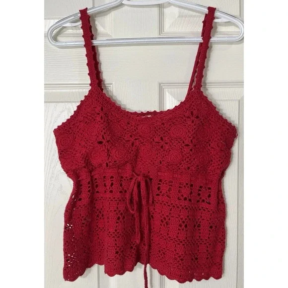 Babydoll Crochet Red Tank Top Size M BOHO Sheer Lined Bra Feminine Festival Airy - Picture 2 of 7